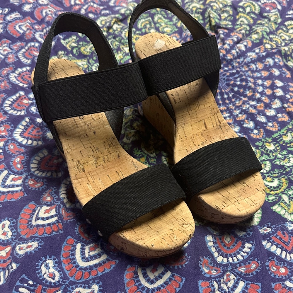 Lucky Brand Black Cork Wedge Sandals